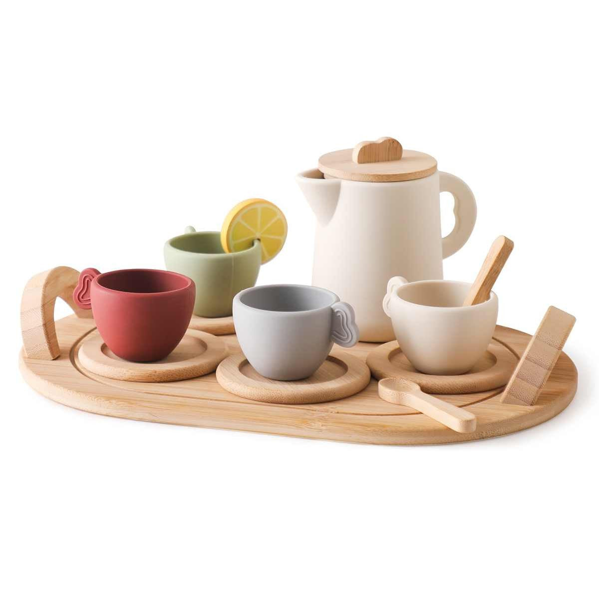Silicone and wooden Montessori tea set on neutral background for pretend play