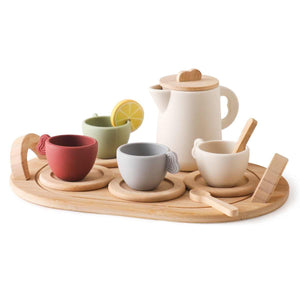 Silicone and wooden Montessori tea set on neutral background for pretend play