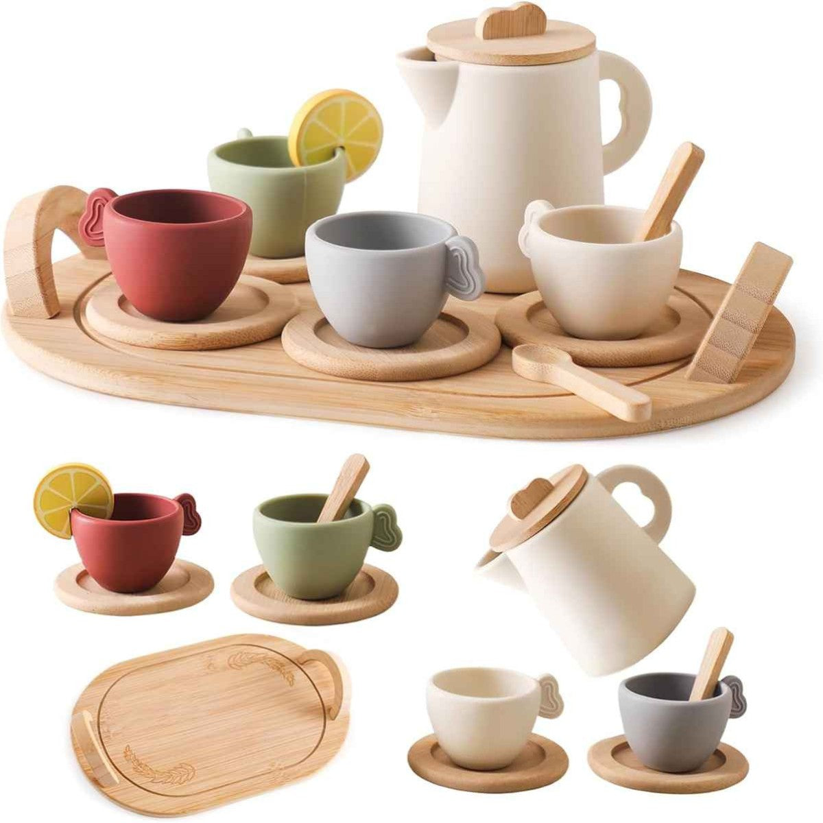 Silicone and wooden Montessori tea set on neutral background for pretend play
