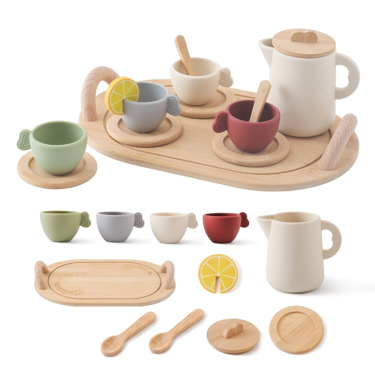 All elements of Montessori tea set displayed separately on a neutral background for imaginative play