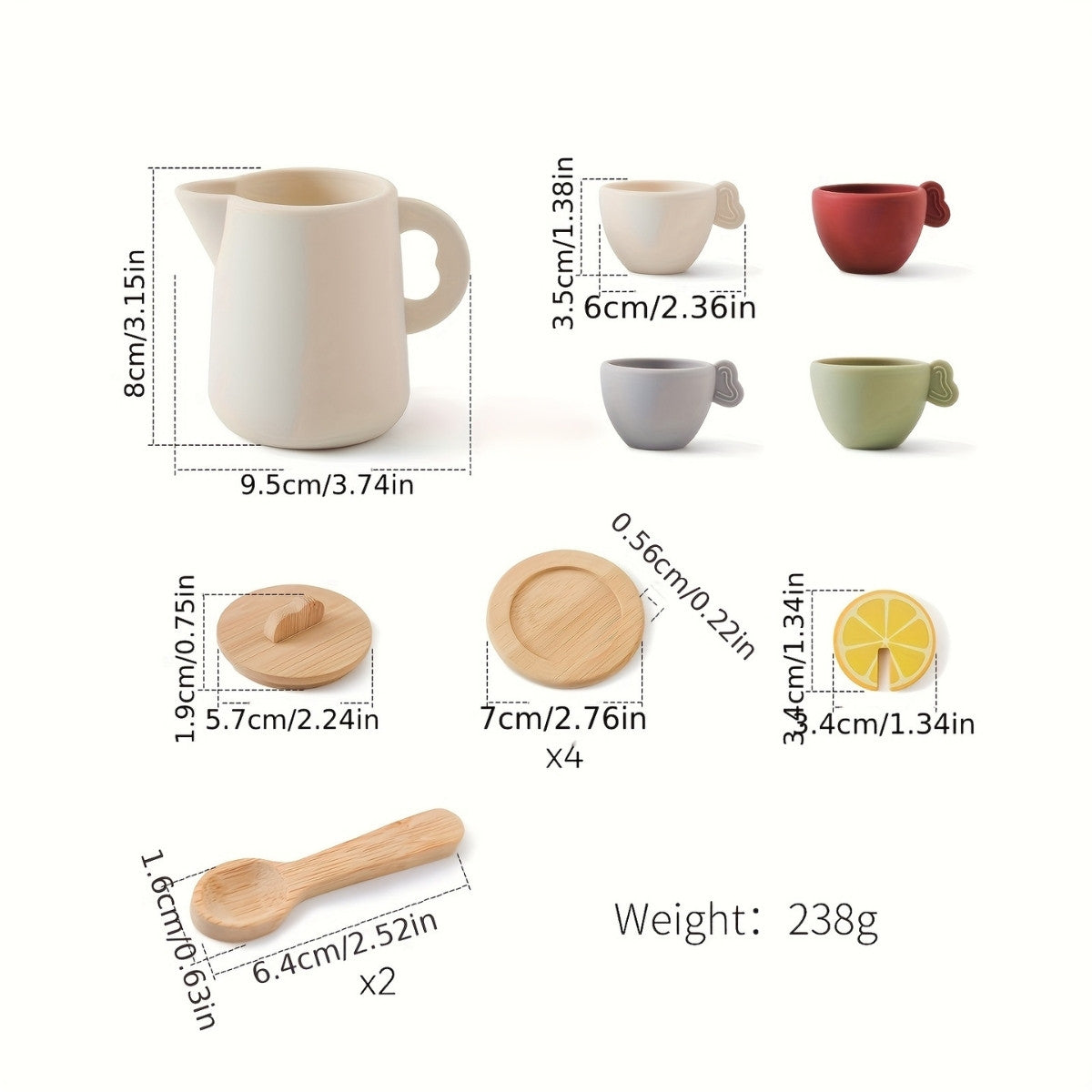 All components of Montessori silicone tea set displayed with their sizes for creative play