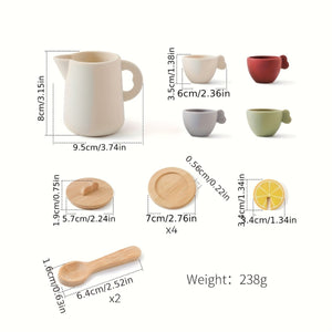 All components of Montessori silicone tea set displayed with their sizes for creative play