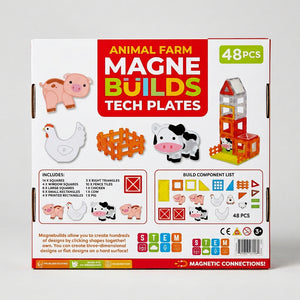 The retail packaging box for the Happy Plates 'Animal Farm' Magnetic Connections toy, showing 48 pieces. The box features colorful illustrations of farm animals (pig, ladder, chicken, cow) and a child playing with the toy, set against a white background. STEM