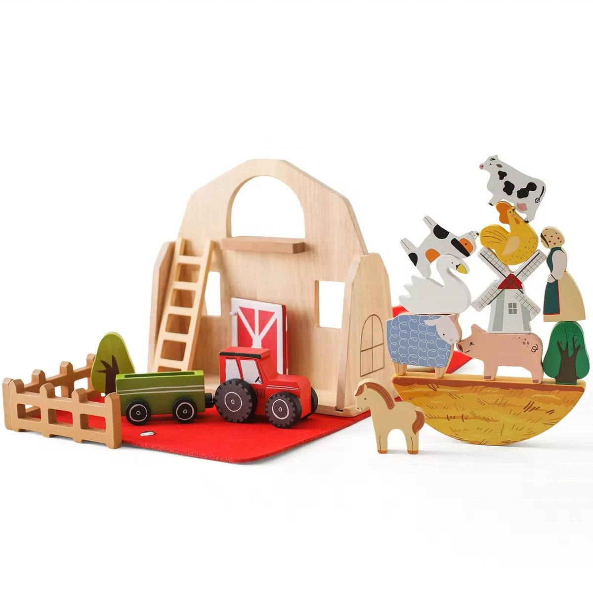 Complete wooden farm set with trees, fences, and barn for storytelling