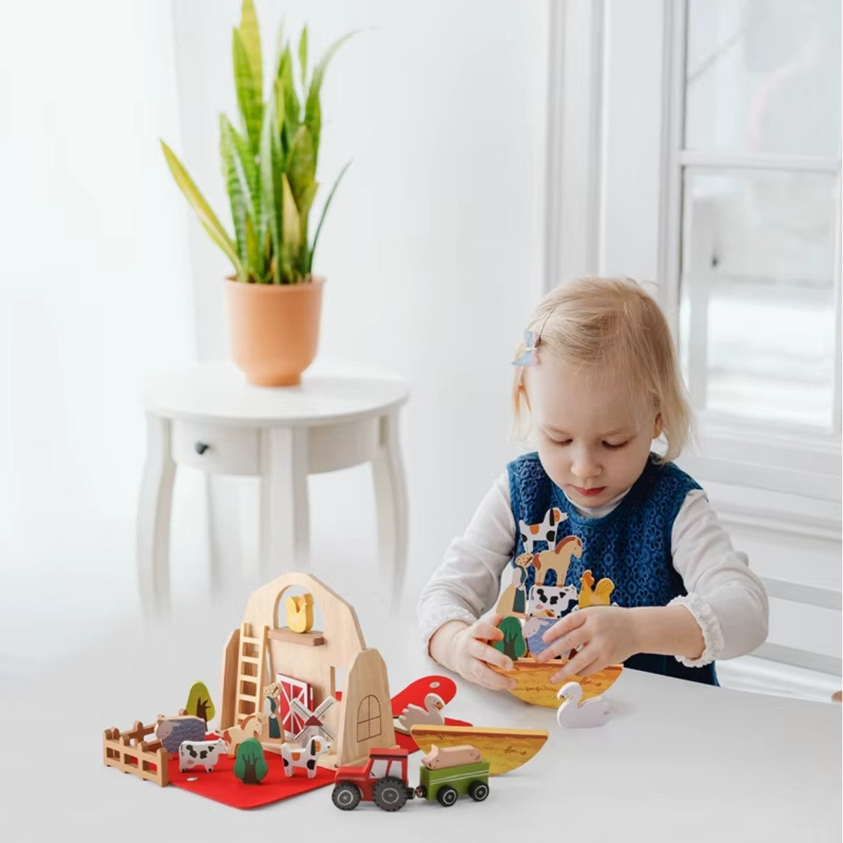 Complete wooden farm set with trees, fences, and barn for storytelling