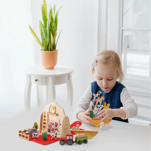 Toddler arranging Montessori wooden farm animals for pretend play