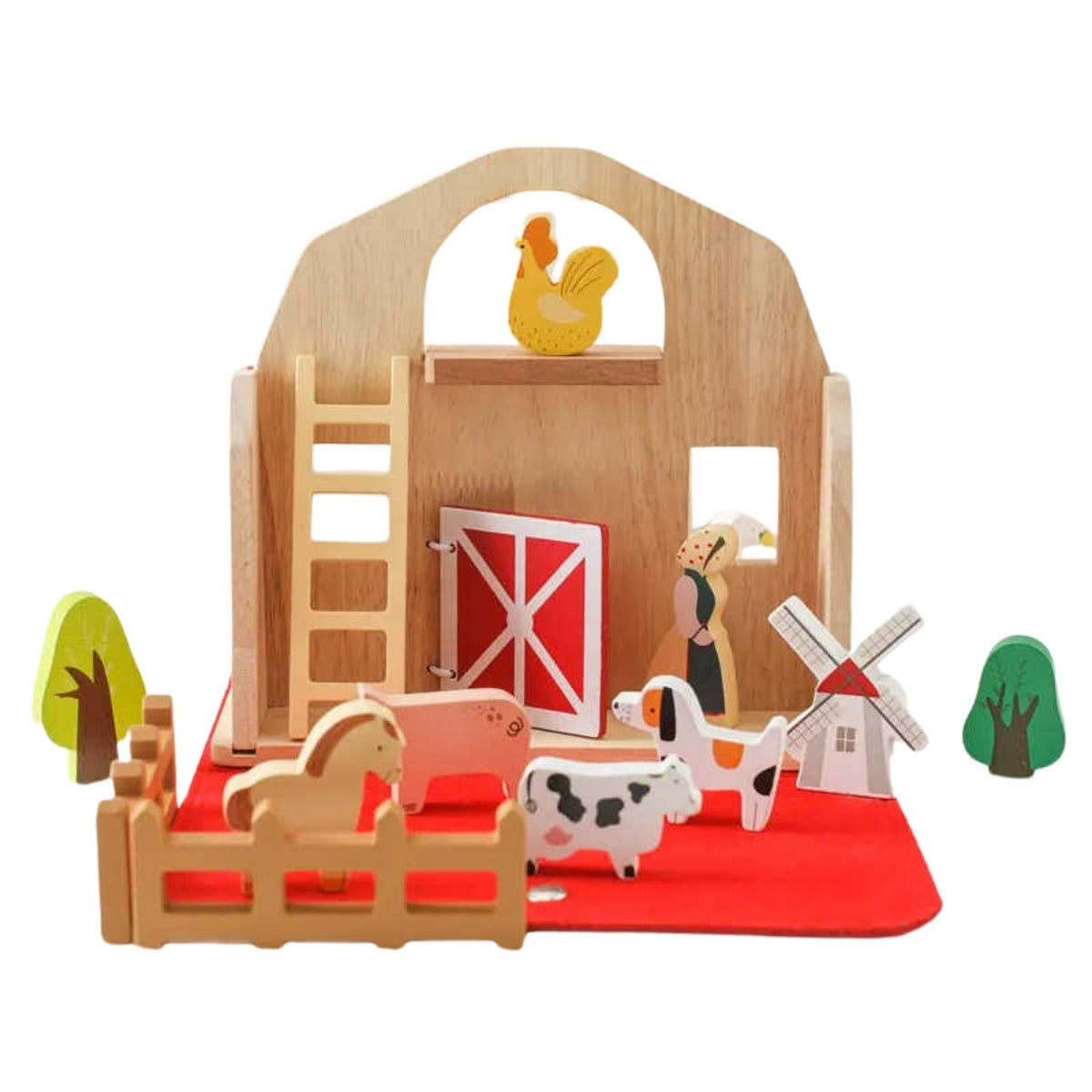 Close-up of wooden farm figurines on neutral background for early learning