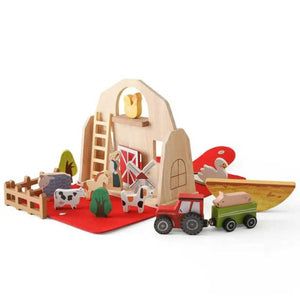  Full Montessori wooden farm set displayed from side angle for imaginative activities
