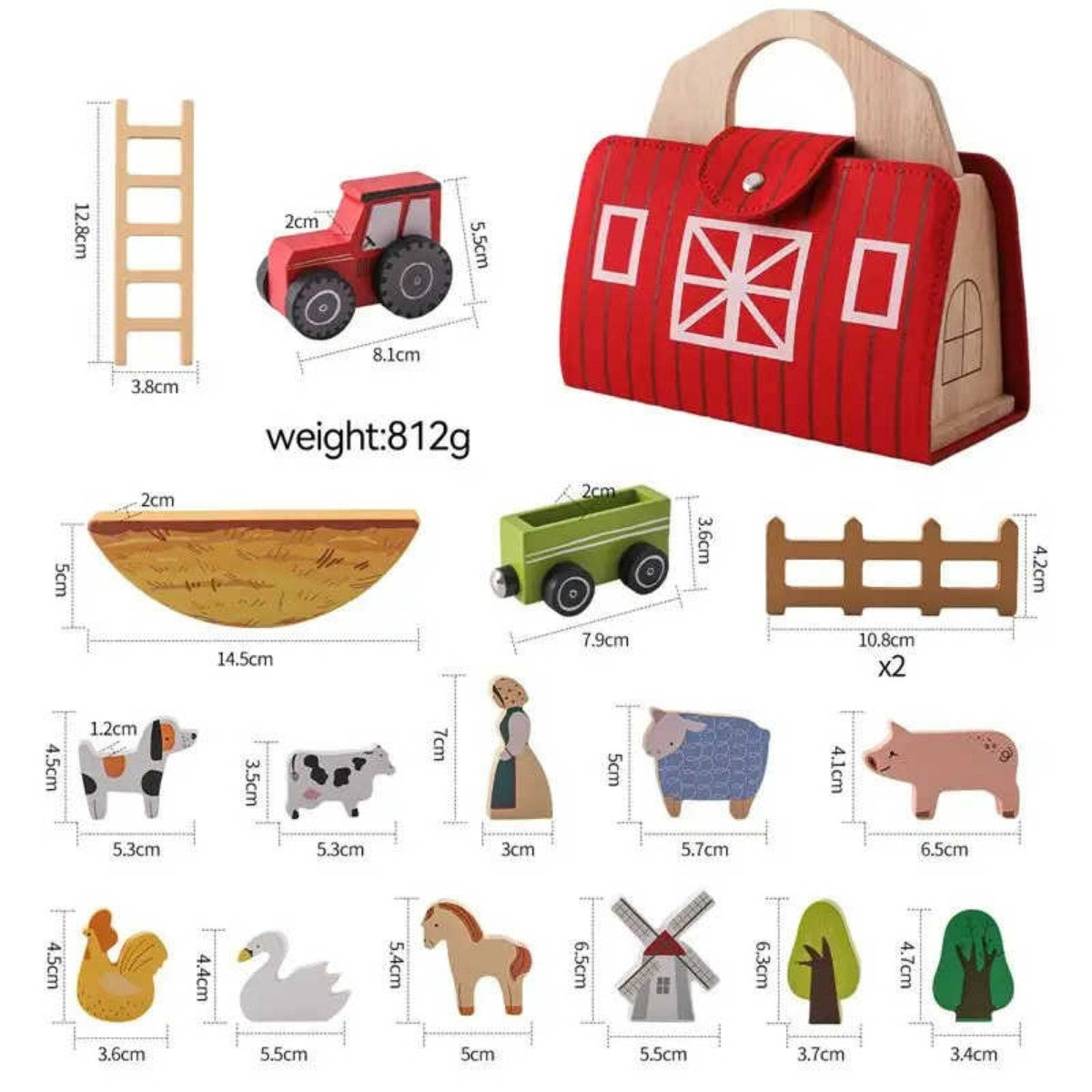 Montessori wooden figures with measurements shown for size reference