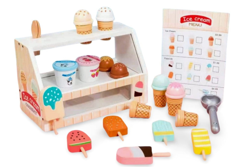 Wooden ice cream shop playset with menu, ice cream figures, cones, and spoons for imaginative play