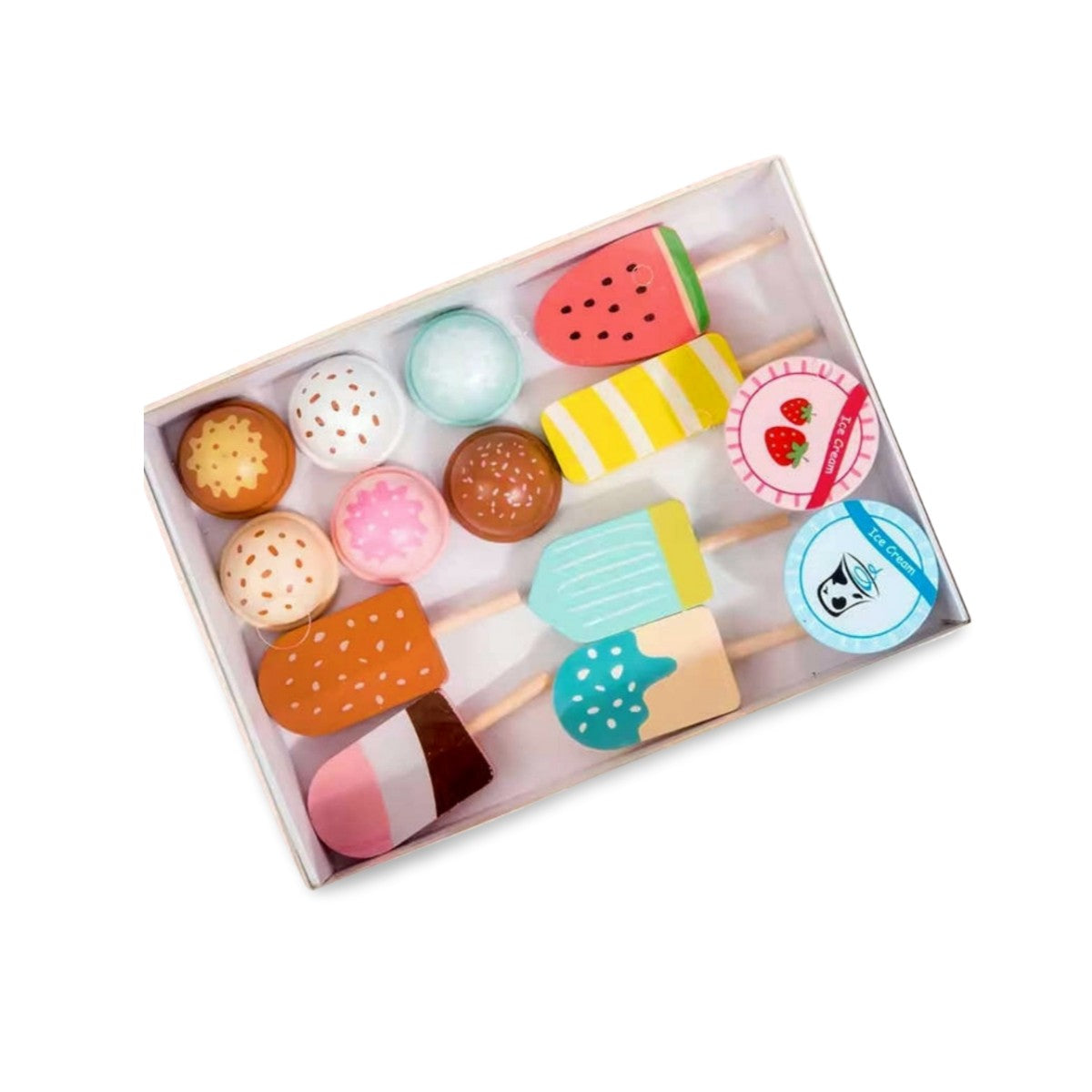 Close-up view of assorted wooden ice cream pieces inside the box for pretend play