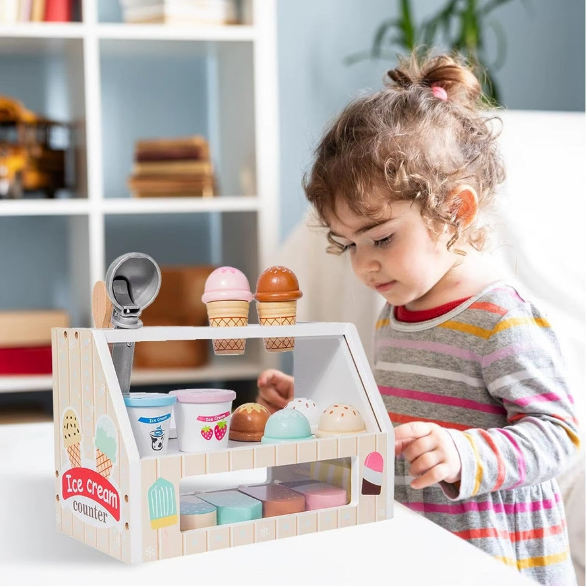 Wooden ice cream shop playset with menu, ice cream figures, cones, and spoons for imaginative play
