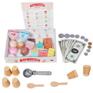 Full layout of wooden ice cream shop set including menu, money, ice cream scoops, cones, and spoons for role play activities