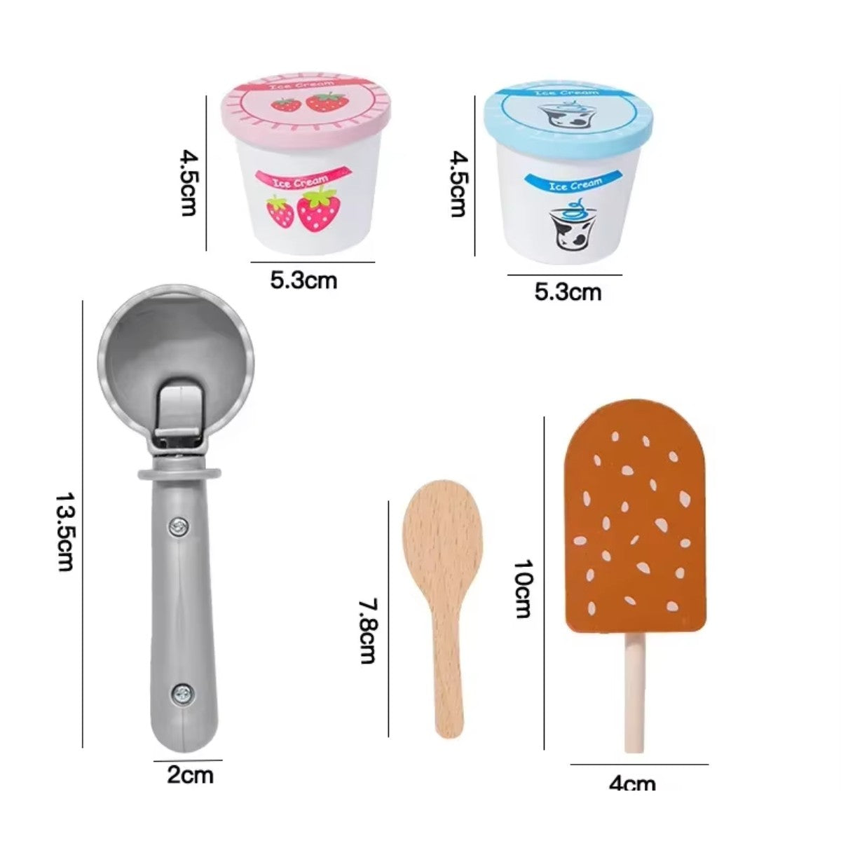 Measurement details of wooden ice cream and spoons for size reference