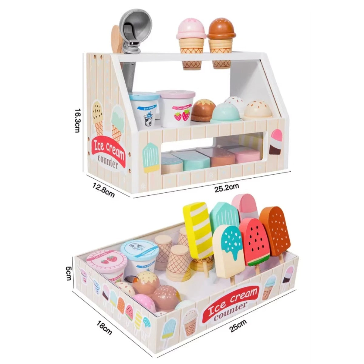 Measurement of the wooden ice cream stand and storage box for product specifications