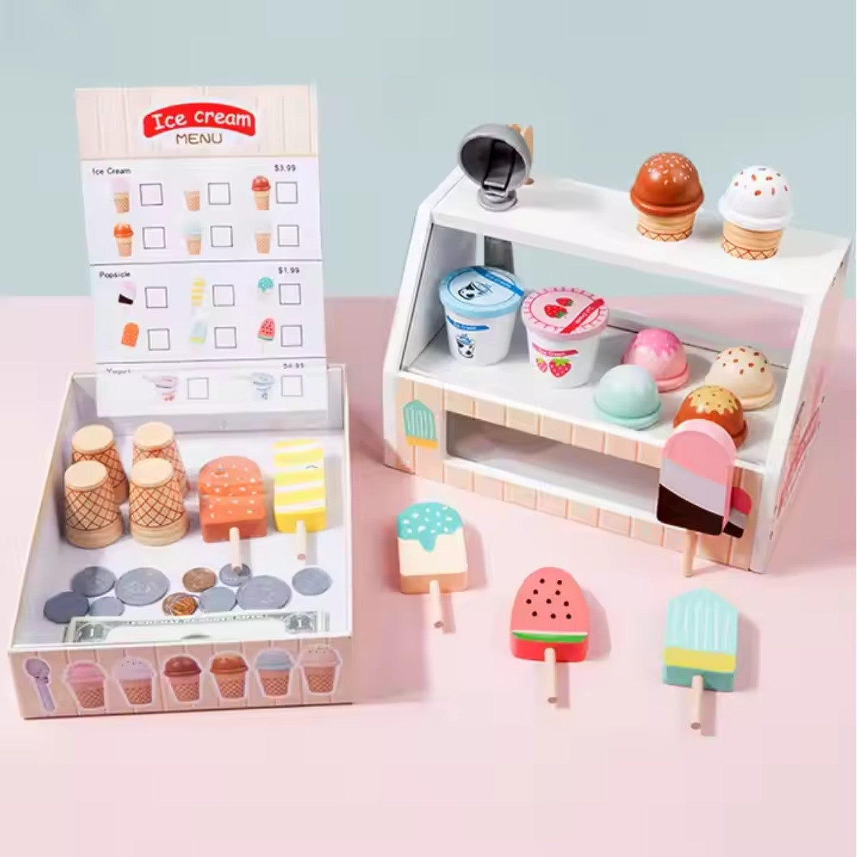 Real-life photo of the wooden ice cream shop playset in use for realistic role play