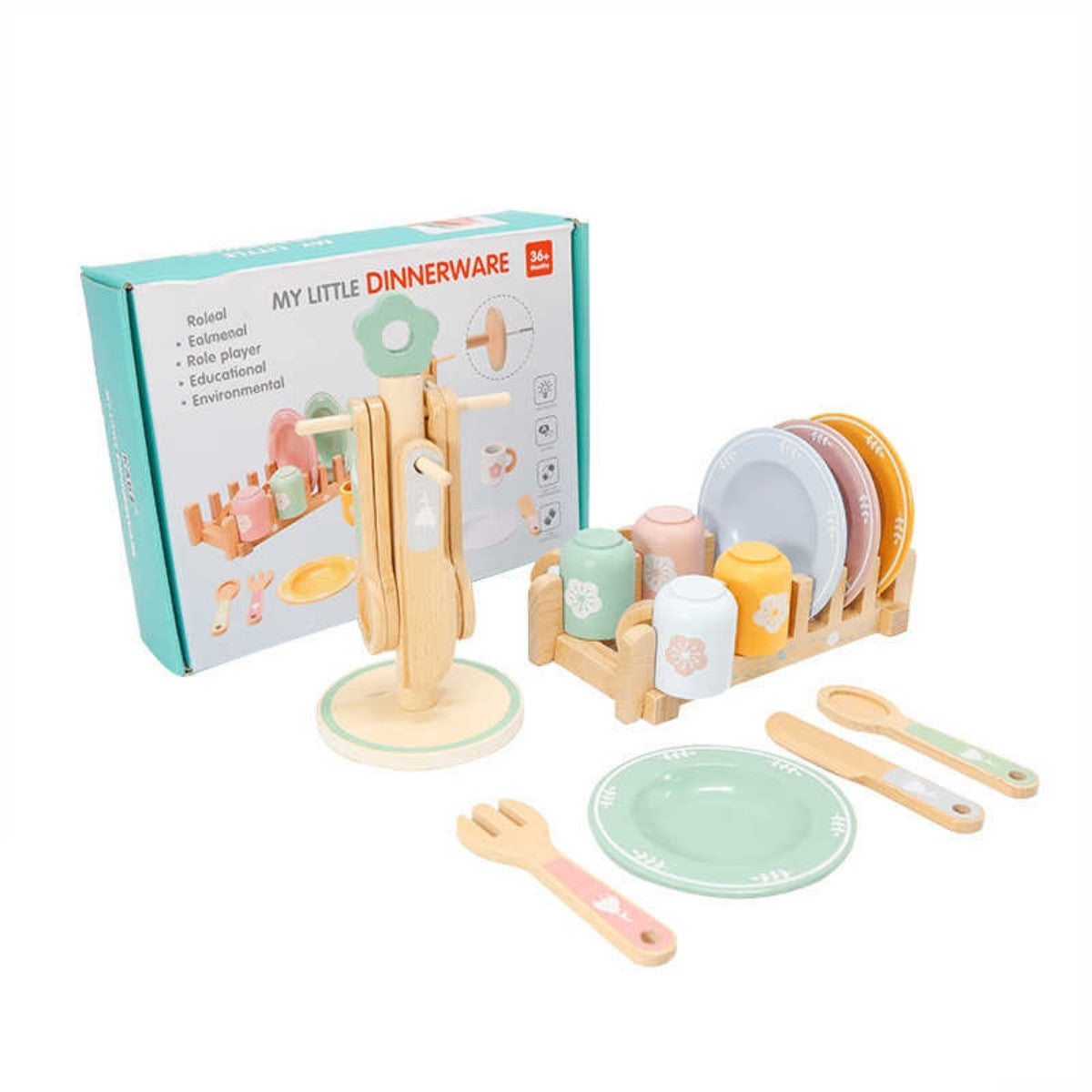 Complete Montessori wooden kitchen set with plates, cups, utensils, and stands for pretend play