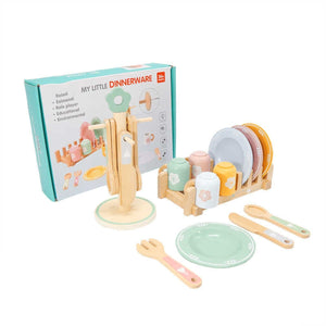 Complete Montessori wooden kitchen set with plates, cups, utensils, and stands for pretend play