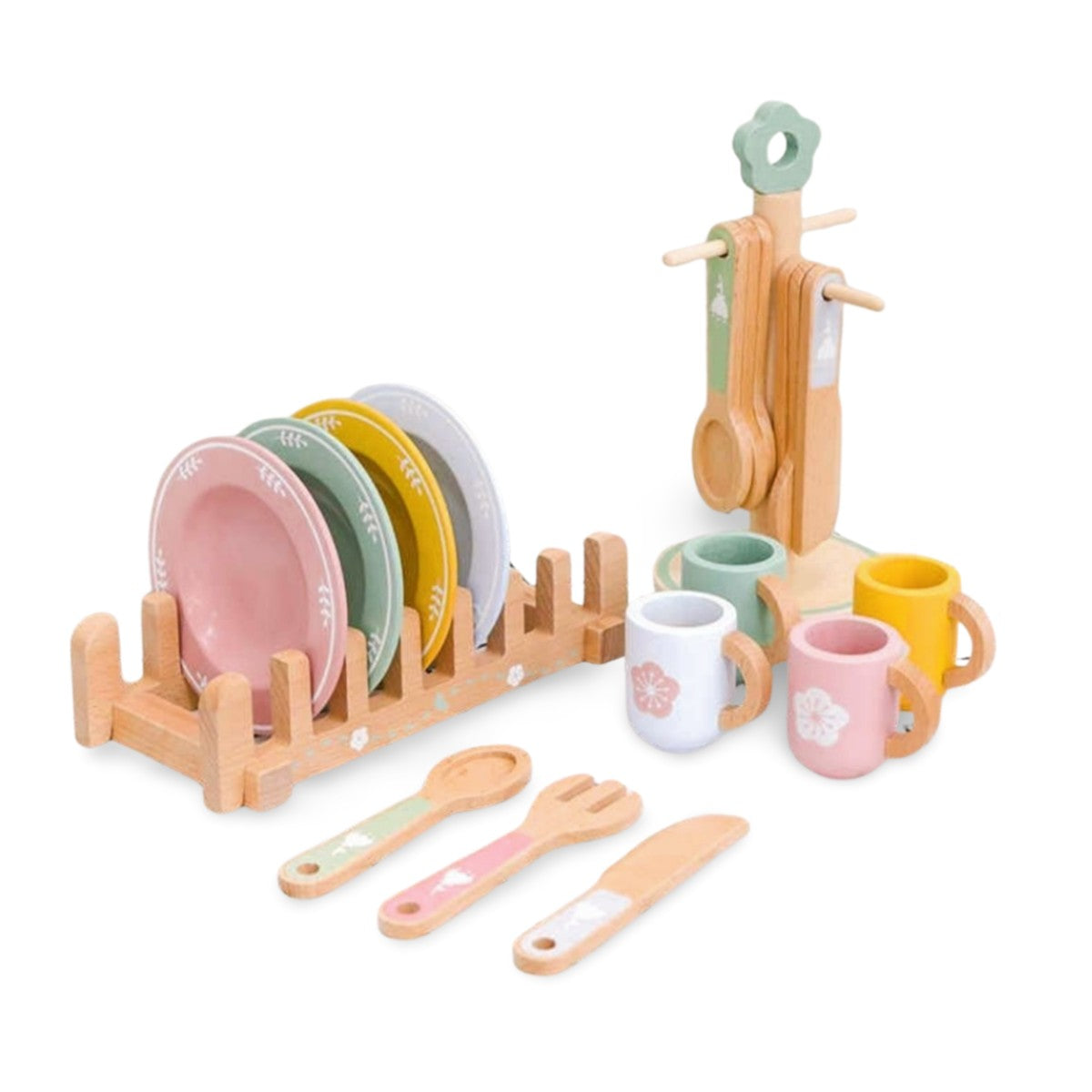 Montessori wooden kitchen accessories including utensils, cups, plates, and organizers arranged for pretend play