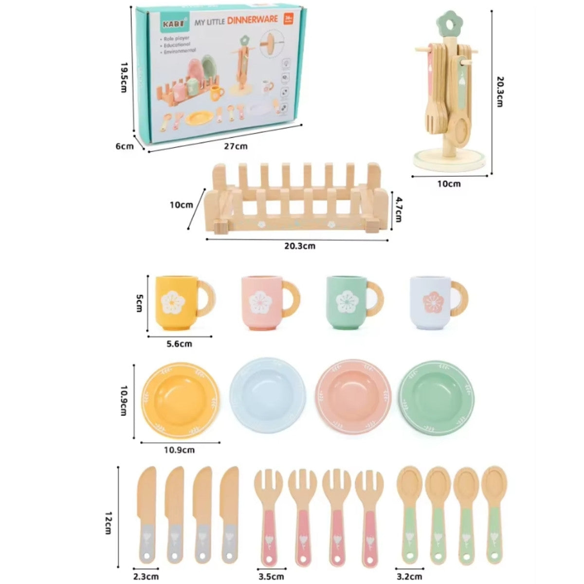 Measurements of all Montessori wooden kitchen accessories and storage box