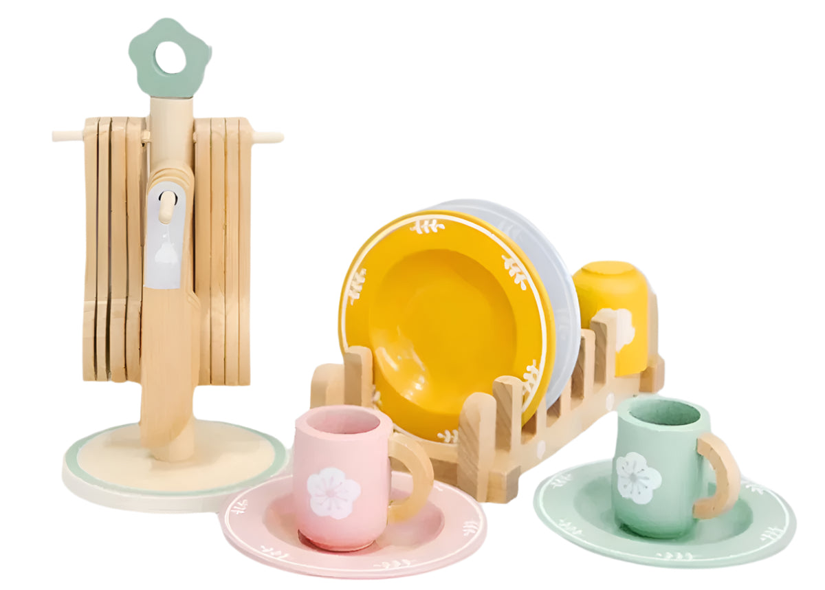 Montessori wooden kitchen set displayed on a table for realistic pretend cooking play
