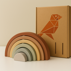Set of wooden rainbow-shaped toys next to a cardboard box with a geometric bird design on a beige background.