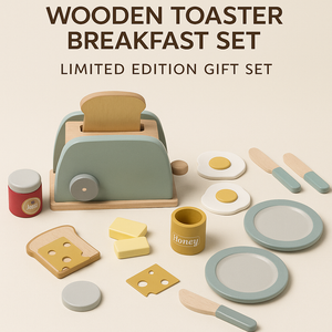 Wooden toaster breakfast set with limited edition gift text on a beige background