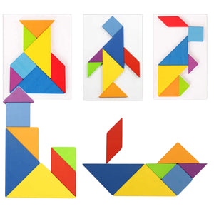 Various shapes and figures assembled from wooden tangram puzzle pieces for imaginative preschool play
