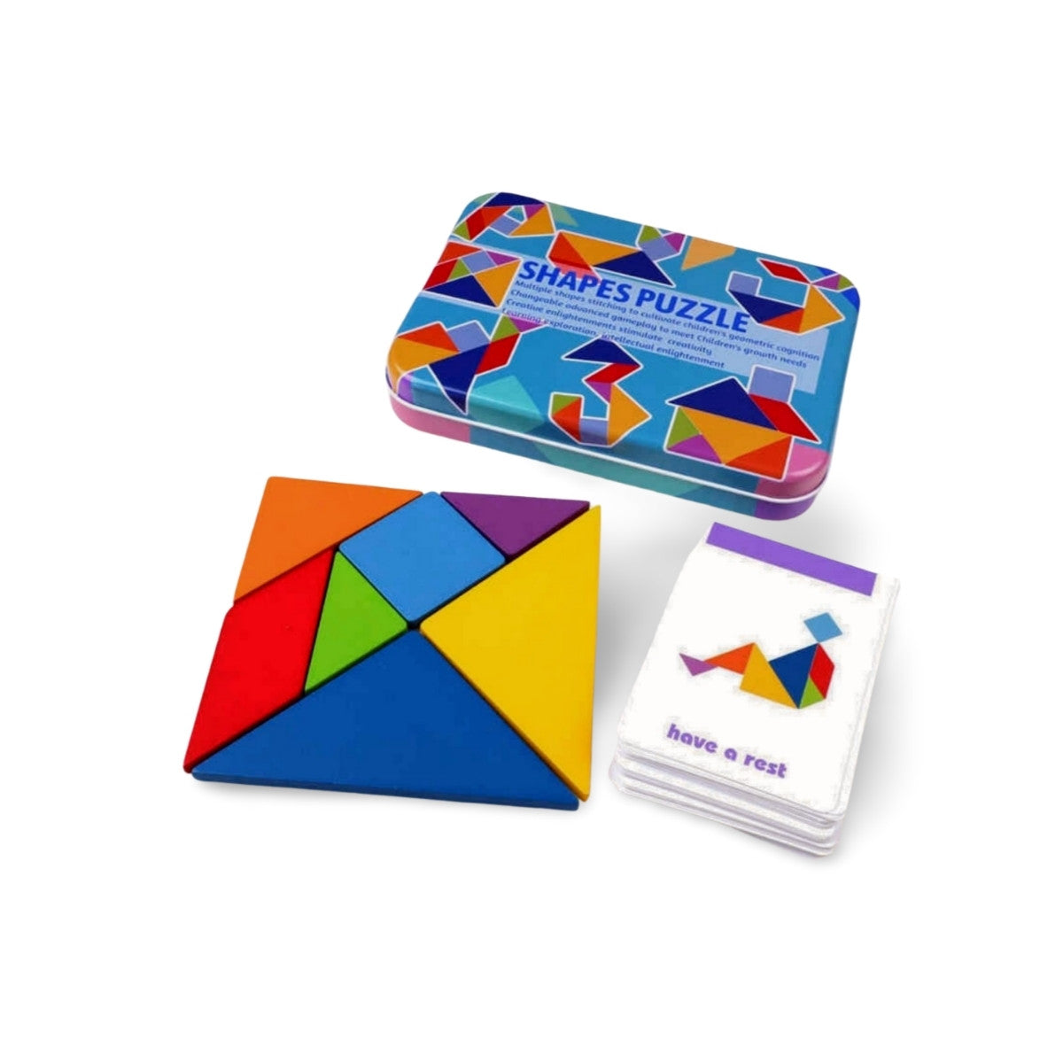 Wooden tangram puzzle set with box, completed square shape, and task cards for toddler problem-solving play
