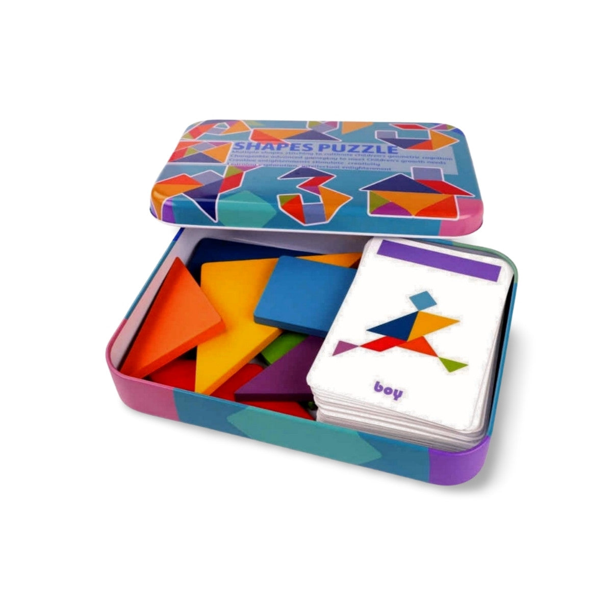 Wooden tangram puzzle set with box, completed square shape, and task cards for toddler problem-solving play
