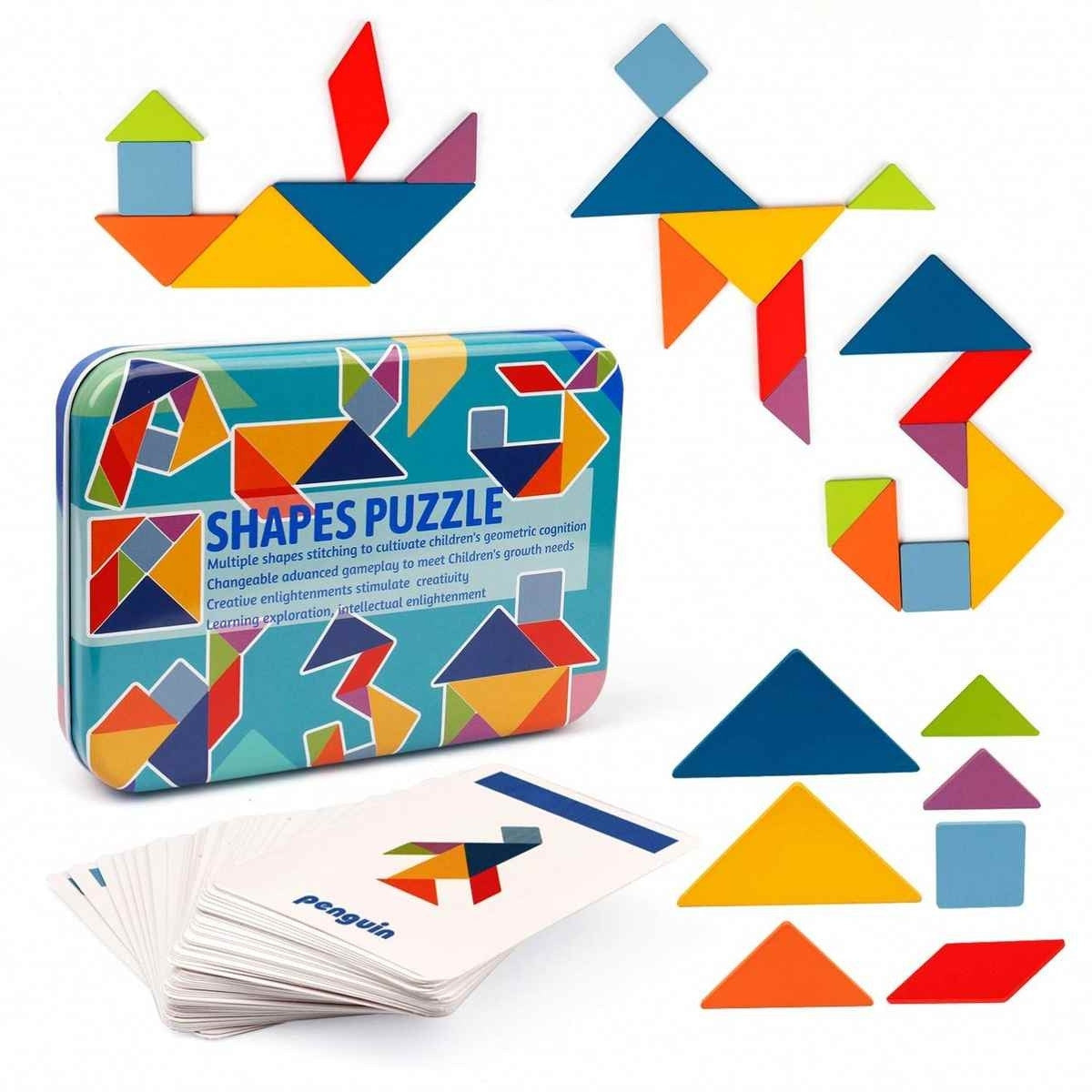 Puzzle box, task cards, and completed figures created from wooden tangram pieces for pretend play