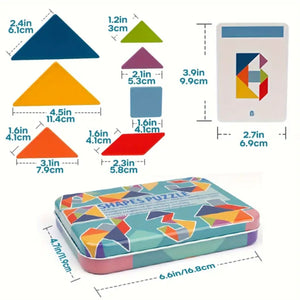 Labeled dimensions of puzzle box, task cards, and individual wooden pieces for toddler learning toys