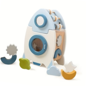 Children's wooden toy with shape sorter and colorful pieces on a white background