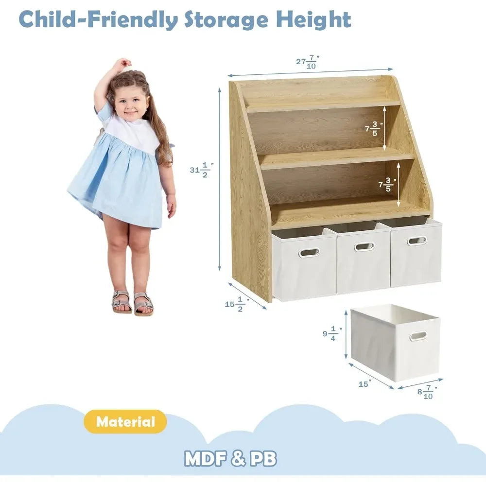 Child-friendly storage unit with dimensions and a child for scale on a white background