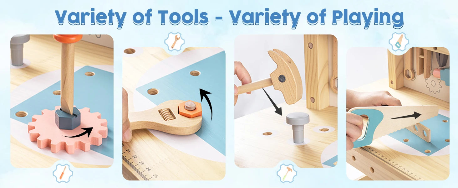 Set of wooden tools with labeled parts on a blue background
