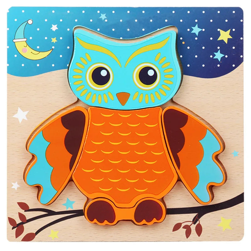 Wooden owl puzzle with a night sky background