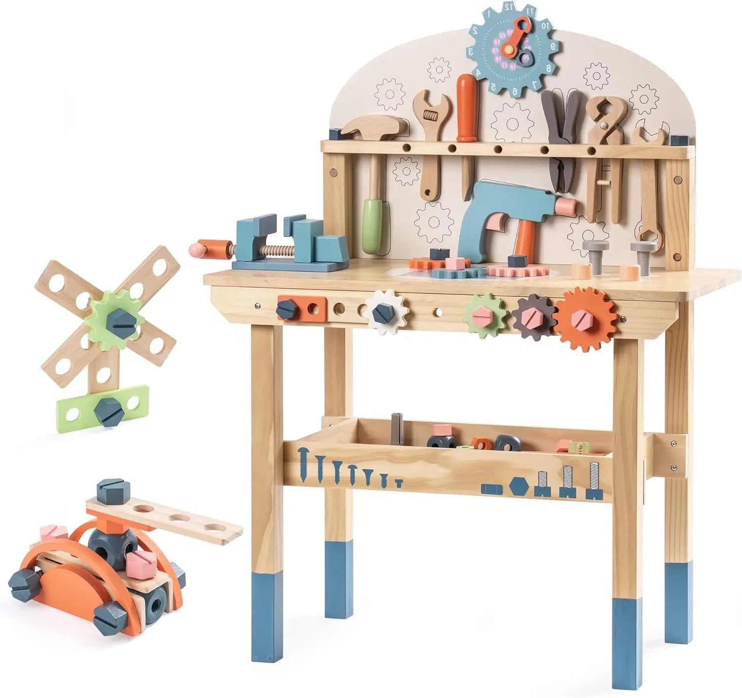 Children's toy workbench with tools and accessories on a white background