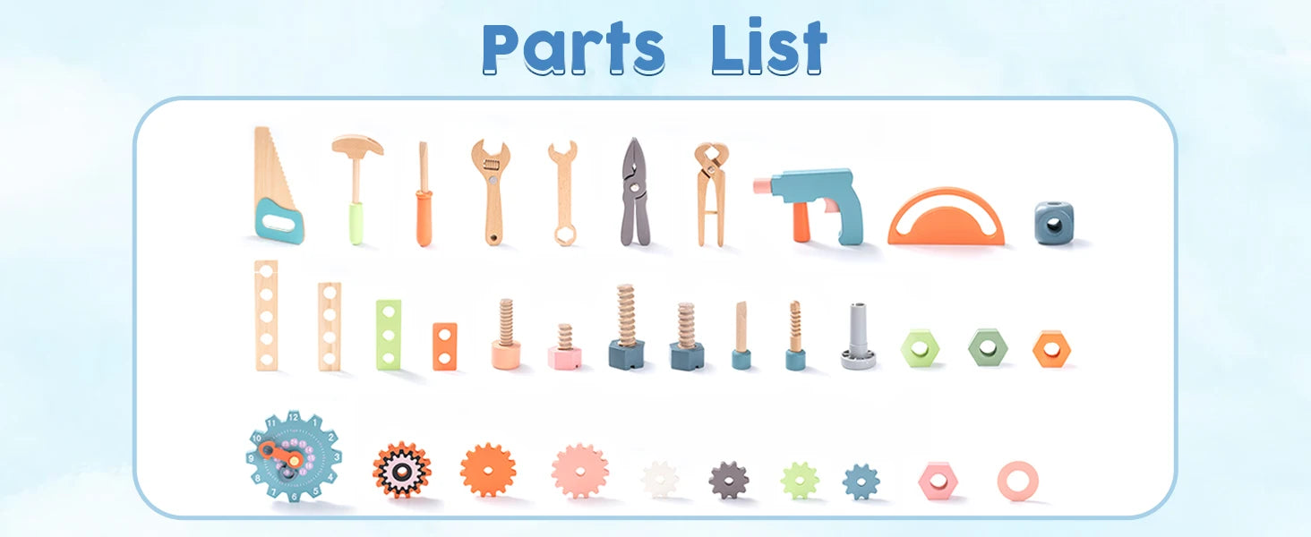 List of parts with various tools and mechanical components on a light blue background
