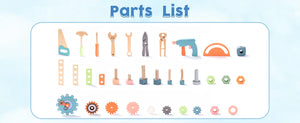 List of parts with various tools and mechanical components on a light blue background