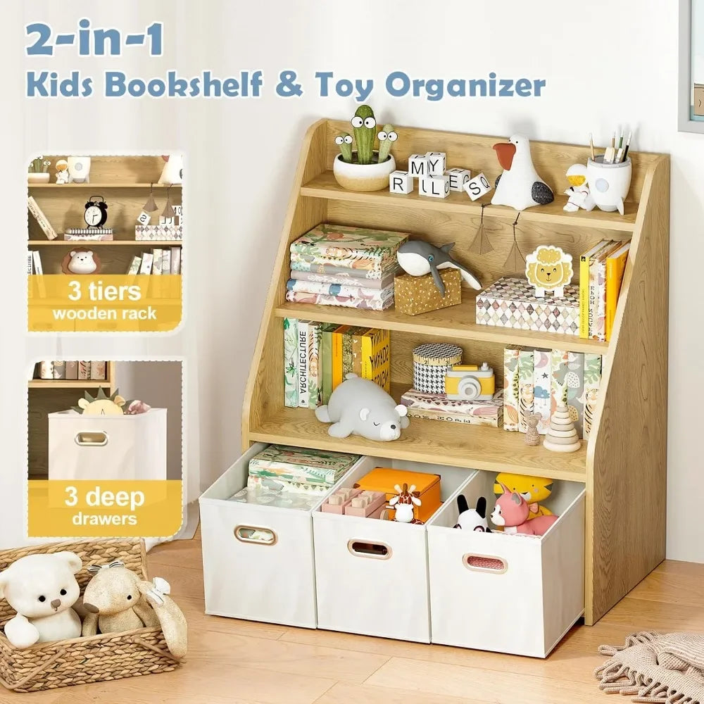 2-in-1 Kids Bookshelf & Toy Organizer with books, toys, and storage bins.