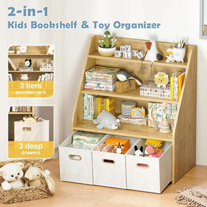2-in-1 Kids Bookshelf & Toy Organizer with books, toys, and storage bins.