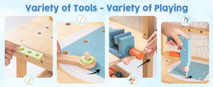 Collage of wooden toys with tools on a table, promoting variety in play.