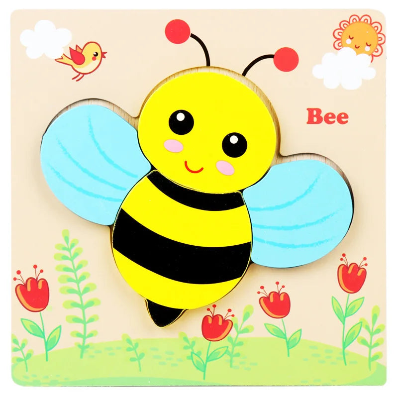 Wooden bee puzzle with colorful wings and flowers on a beige background