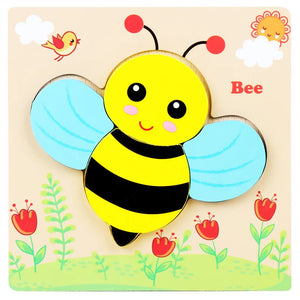 Wooden bee puzzle with colorful wings and flowers on a beige background