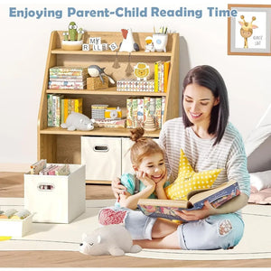 Woman and child reading a book together in a cozy room with a bookshelf.