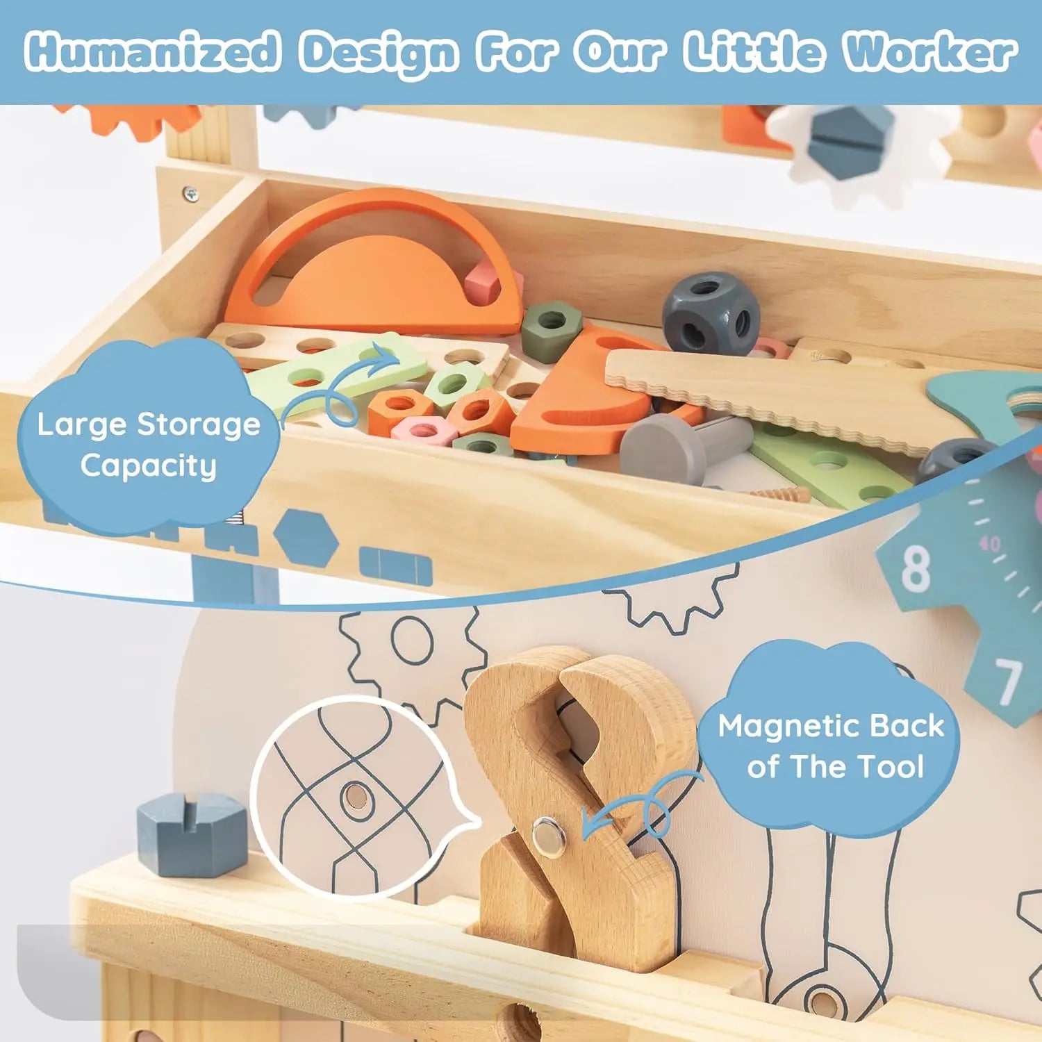 Wooden tool set with various tools and a large storage capacity, featuring text highlighting features.
