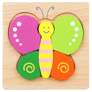 Colorful butterfly-shaped wooden puzzle on a wooden base