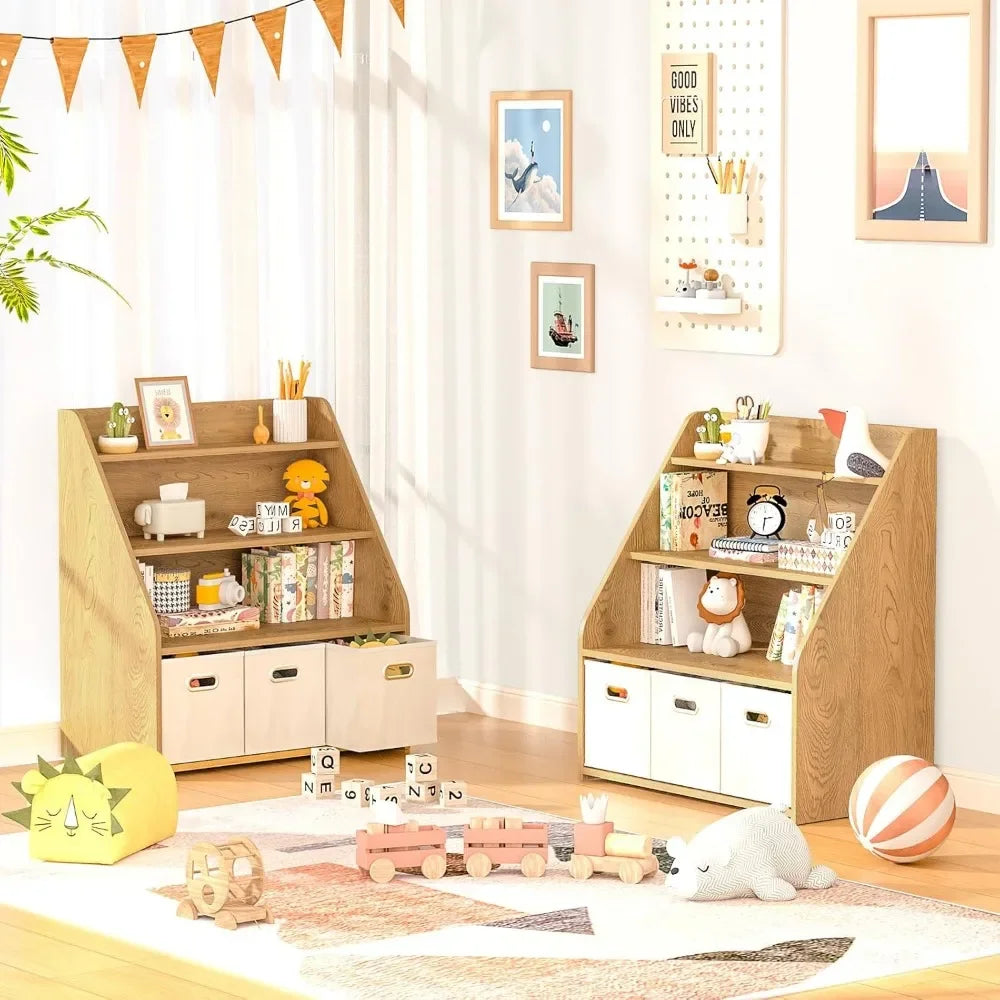 Children's room with wooden bookshelves, toys, and decorative items.