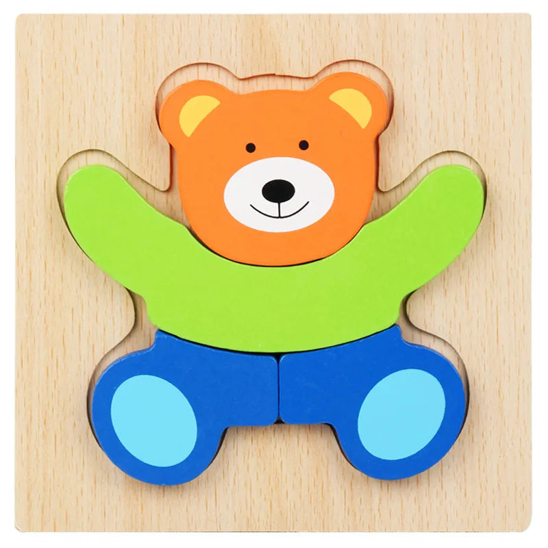 Wooden bear puzzle with orange, green, and blue pieces on a wooden base