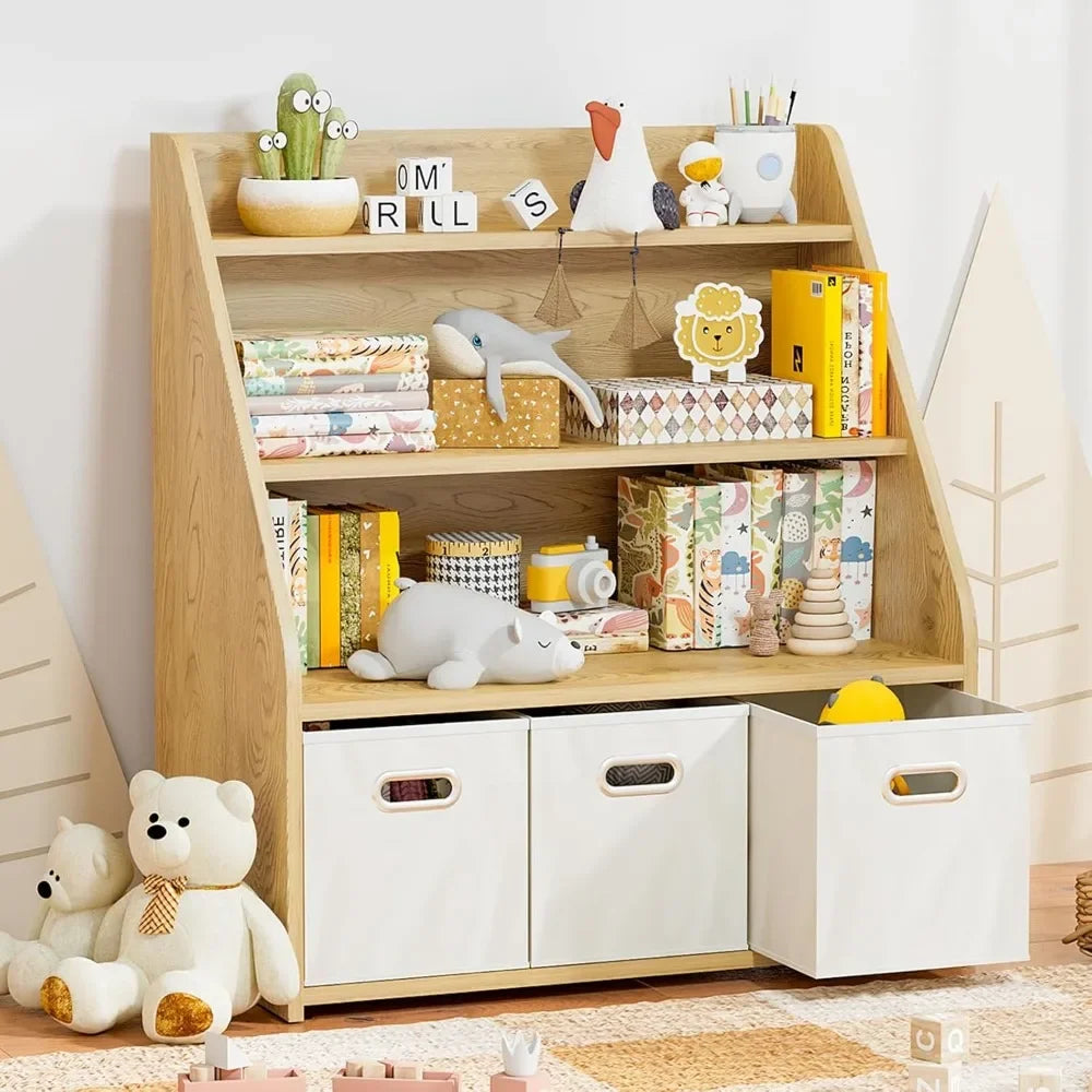 Wooden bookshelf with toys and books in a child's room